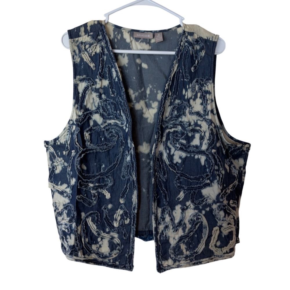 Chicos Women's Denim Jean Open Vest Size 3 (XL) Tie Dye Bleached Boho Hippie